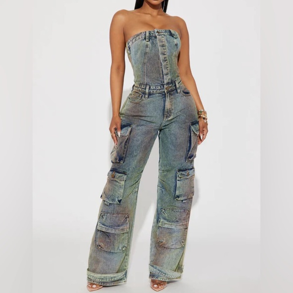 Women's Strapless Denim Cargo Jumpsuit